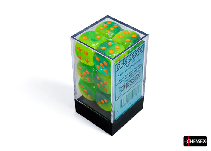 Gemini: 16mm d6 Plasm Green-Teal/orange Luminary Dice Block (12 dice)