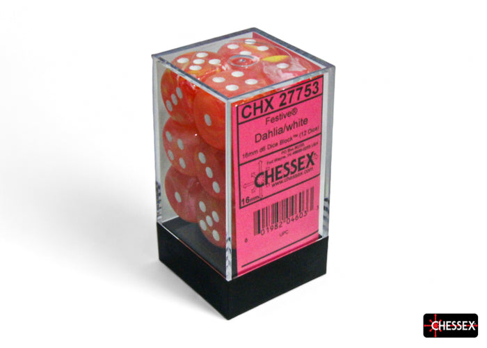 Festive: 16mm d6 Dahlia/white Luminary Dice Block (12 dice)