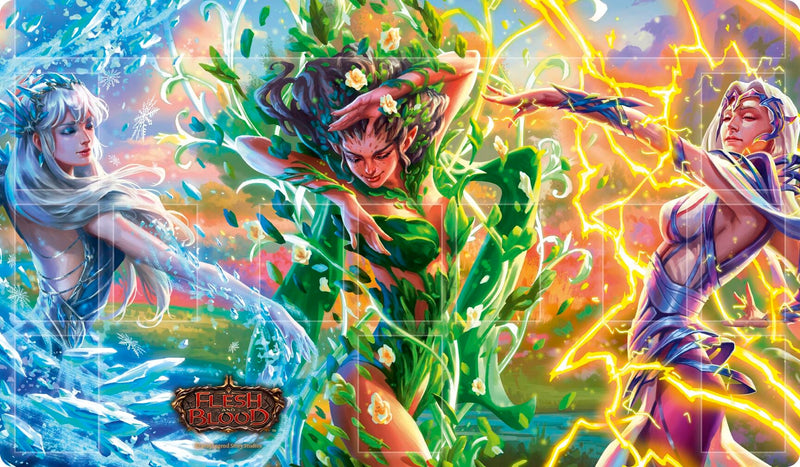 Flesh and Blood Playmat - Elemental Sheath's panorama (Frosthaven, Leaven, Stormwind)
