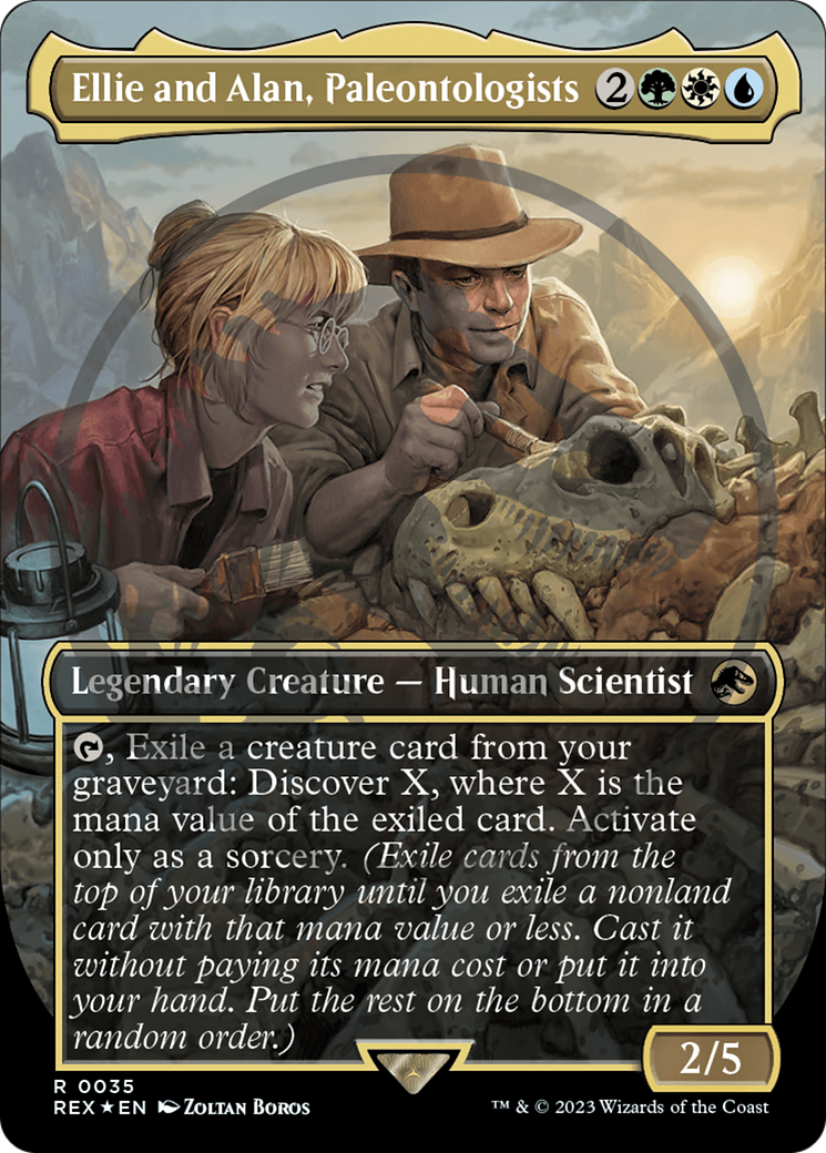 jurassic park emblem cards mtg Ellie and Alan, Paleontologists (Emblem) (Borderless) [Jurassic World  Collection Tokens]