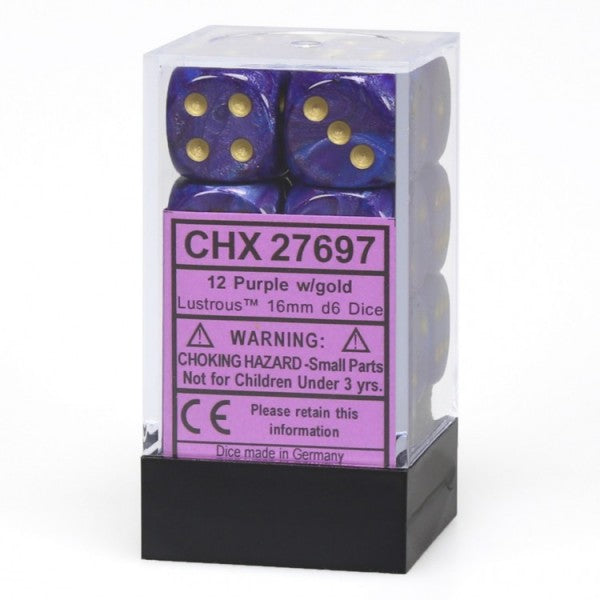 Lustrous: 16mm D6 Purple/Gold/Black (12)